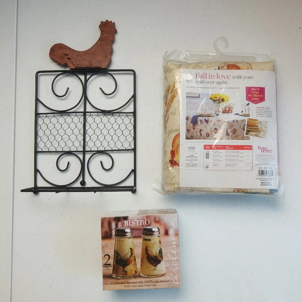 BISTRO SET OF SALT, PEPPER, tablecloth, and napkin holder WITH ROOSTER DECALS